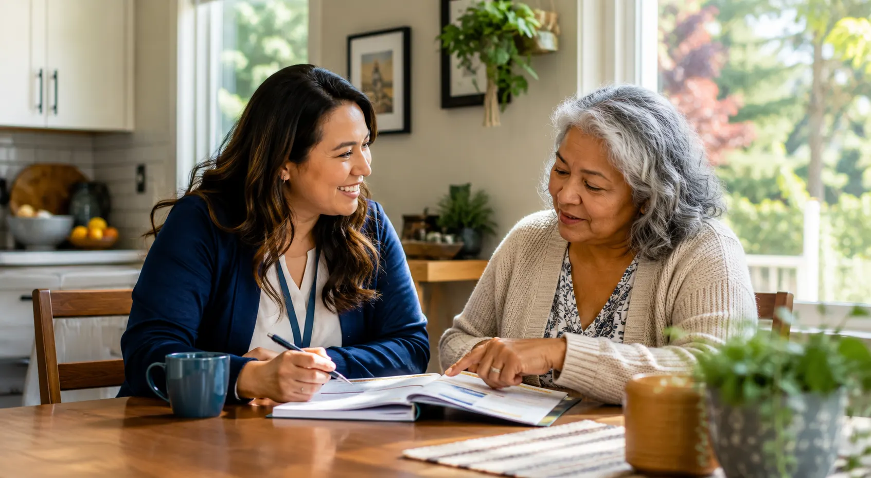 Care coordinator meeting with client at home to review care plan